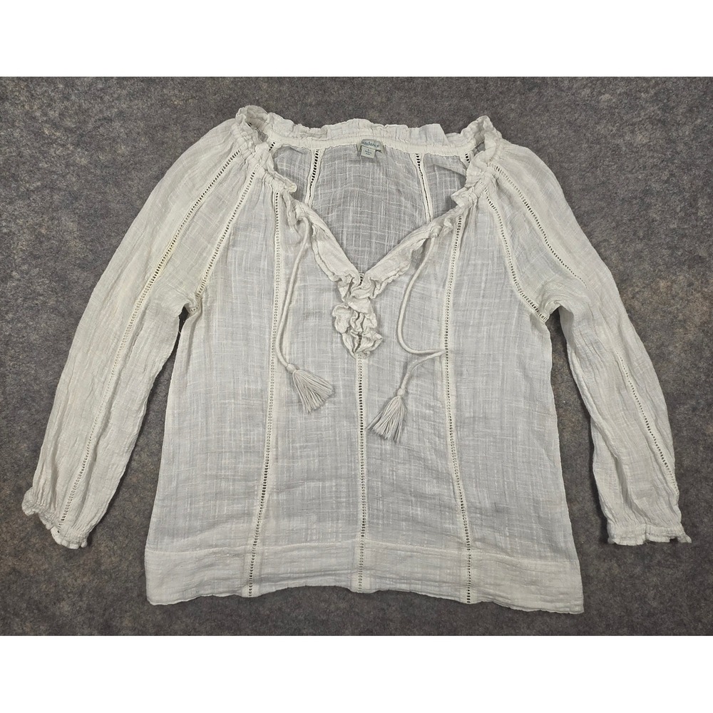 Sundance White Cotton Gauze Ladder Lace Peasant Blouse Tassel Tie Top Large